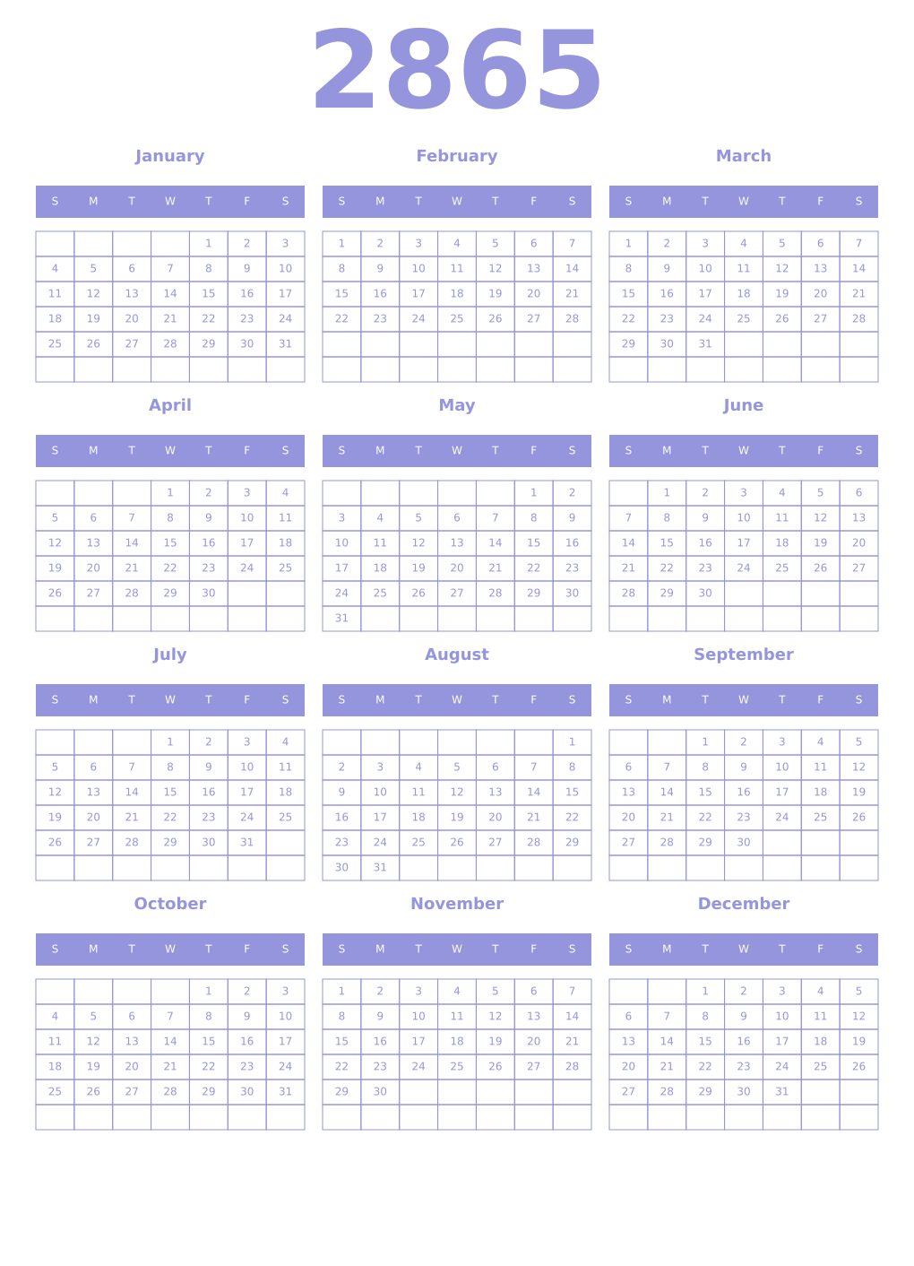 Printable 2865 Year Calendars periwinkle