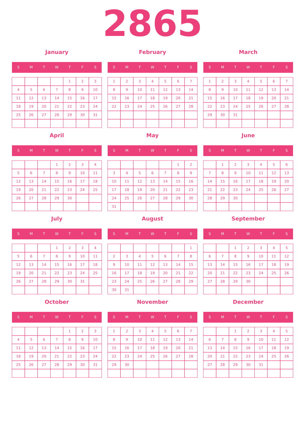 Printable 2865 Year Calendars pink