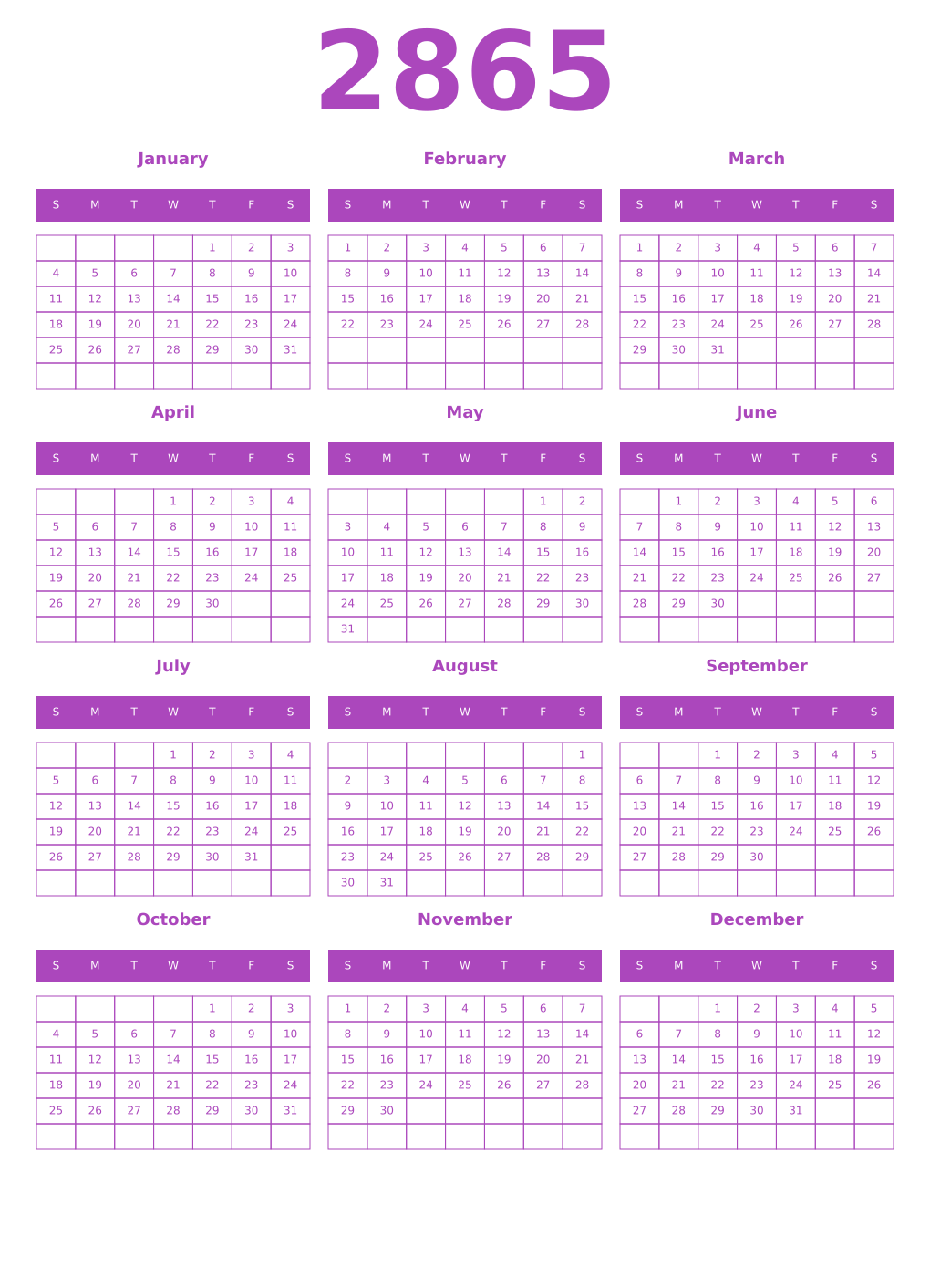 Printable 2865 Year Calendars purple