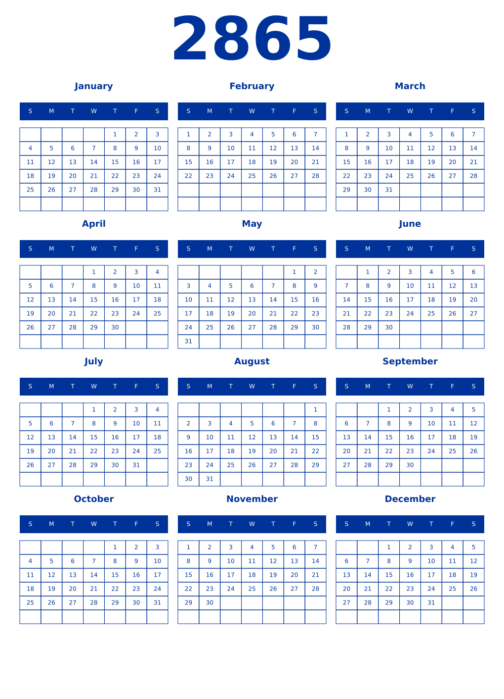 Printable 2865 Year Calendars smalt
