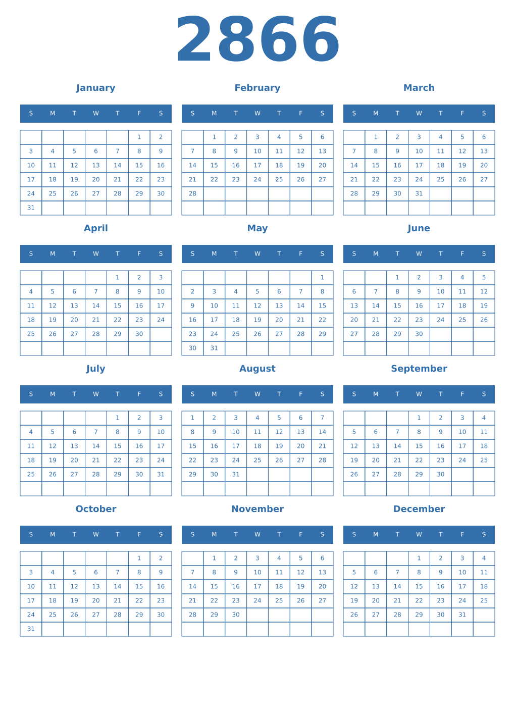 Printable 2866 Year Calendars blue