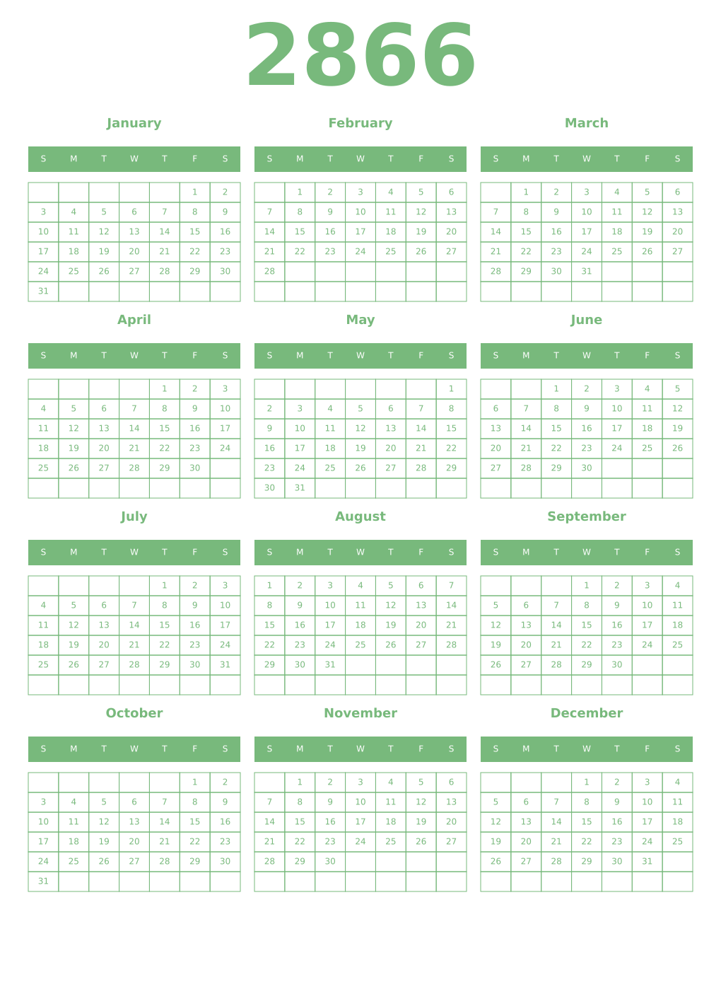 Printable 2866 Year Calendars celadon