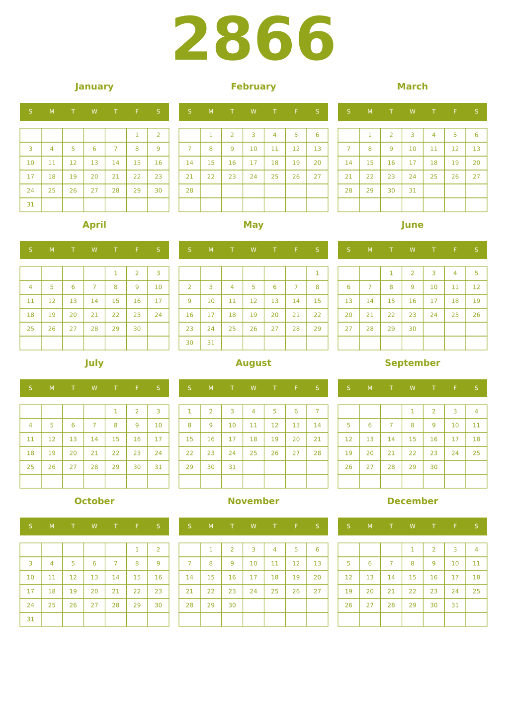Printable 2866 Year Calendars chartreuse