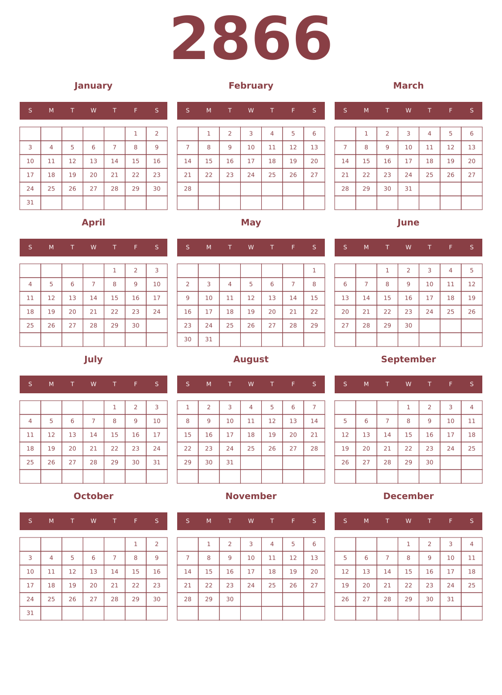 Printable 2866 Year Calendars cordovan