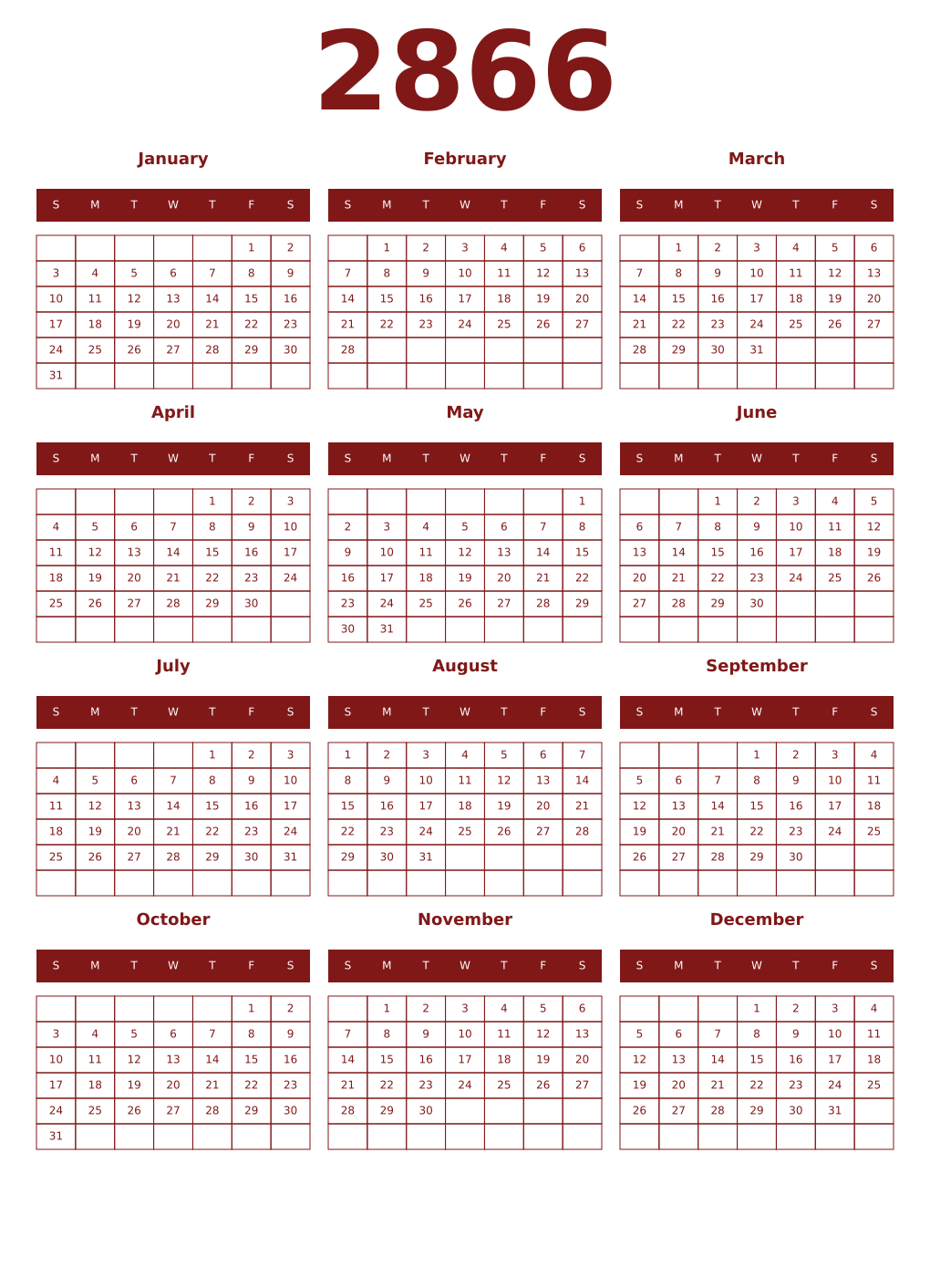 Printable 2866 Year Calendars falu