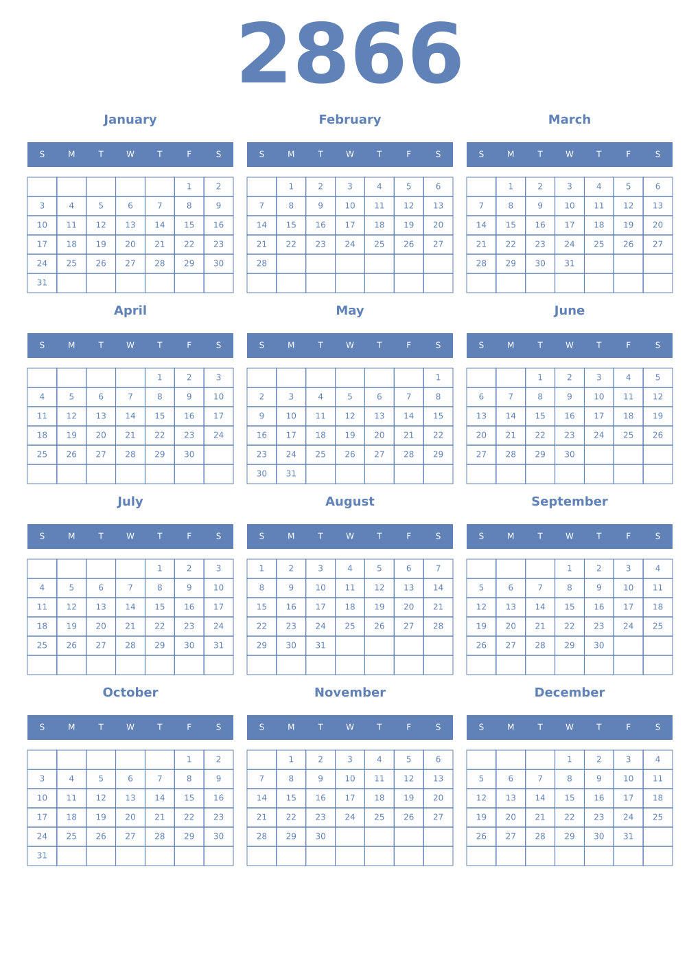 Printable 2866 Year Calendars glaucous
