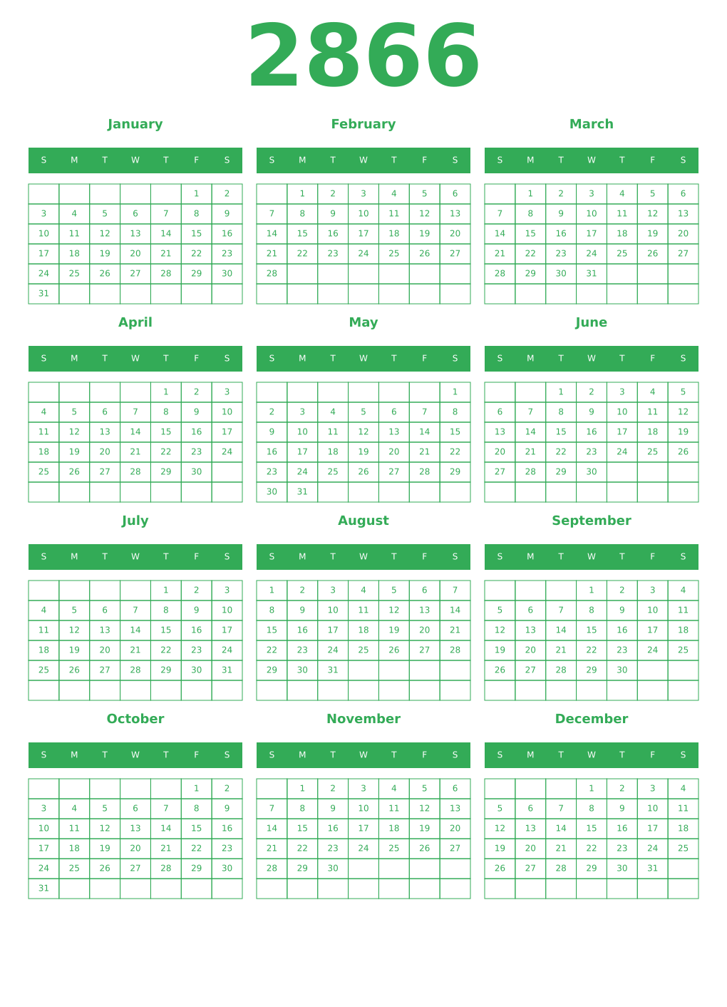Printable 2866 Year Calendars green