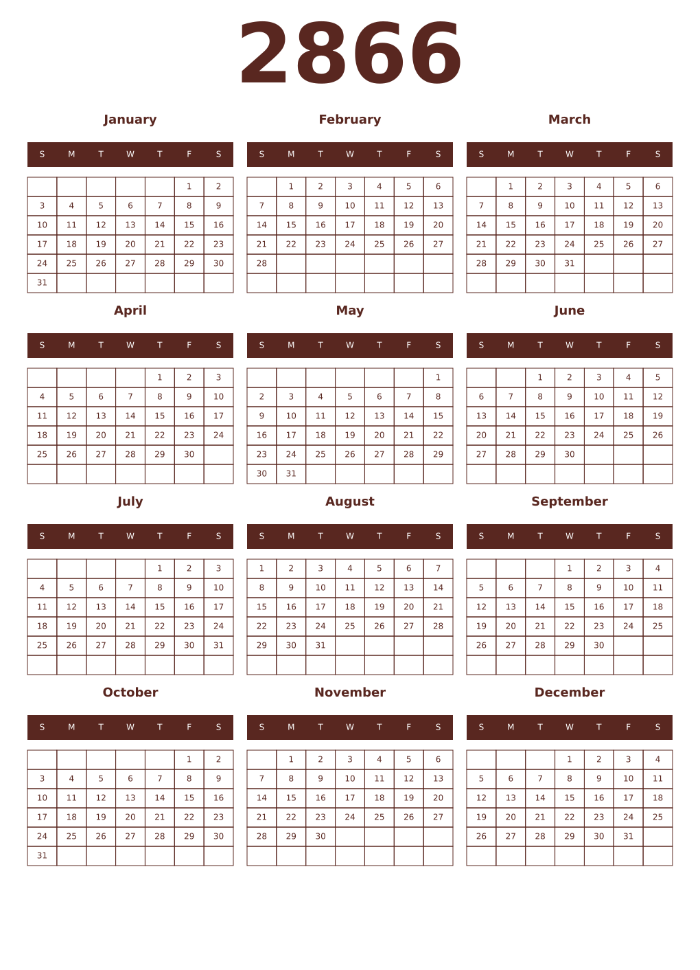 Printable 2866 Year Calendars mortuum
