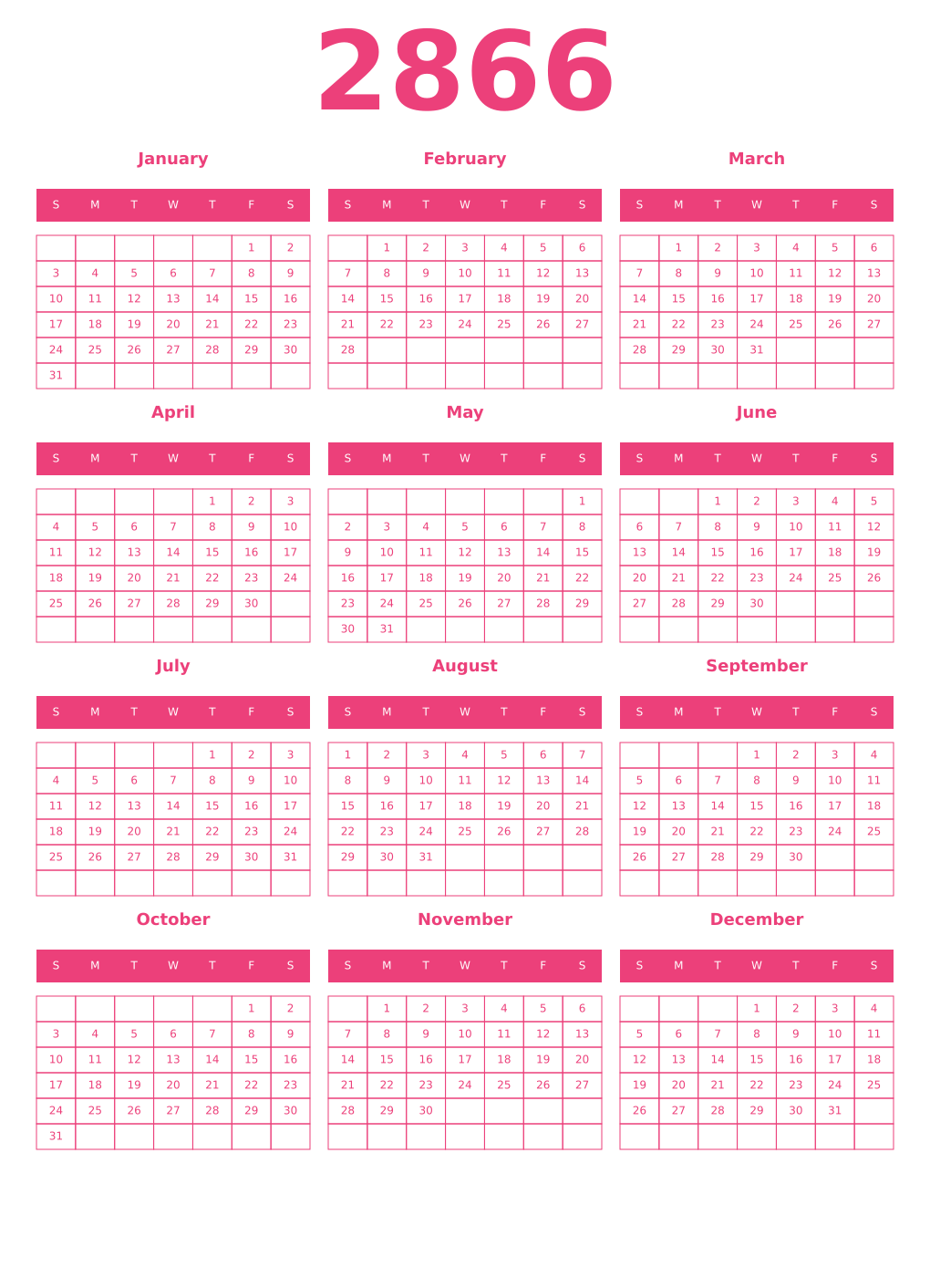 Printable 2866 Year Calendars pink