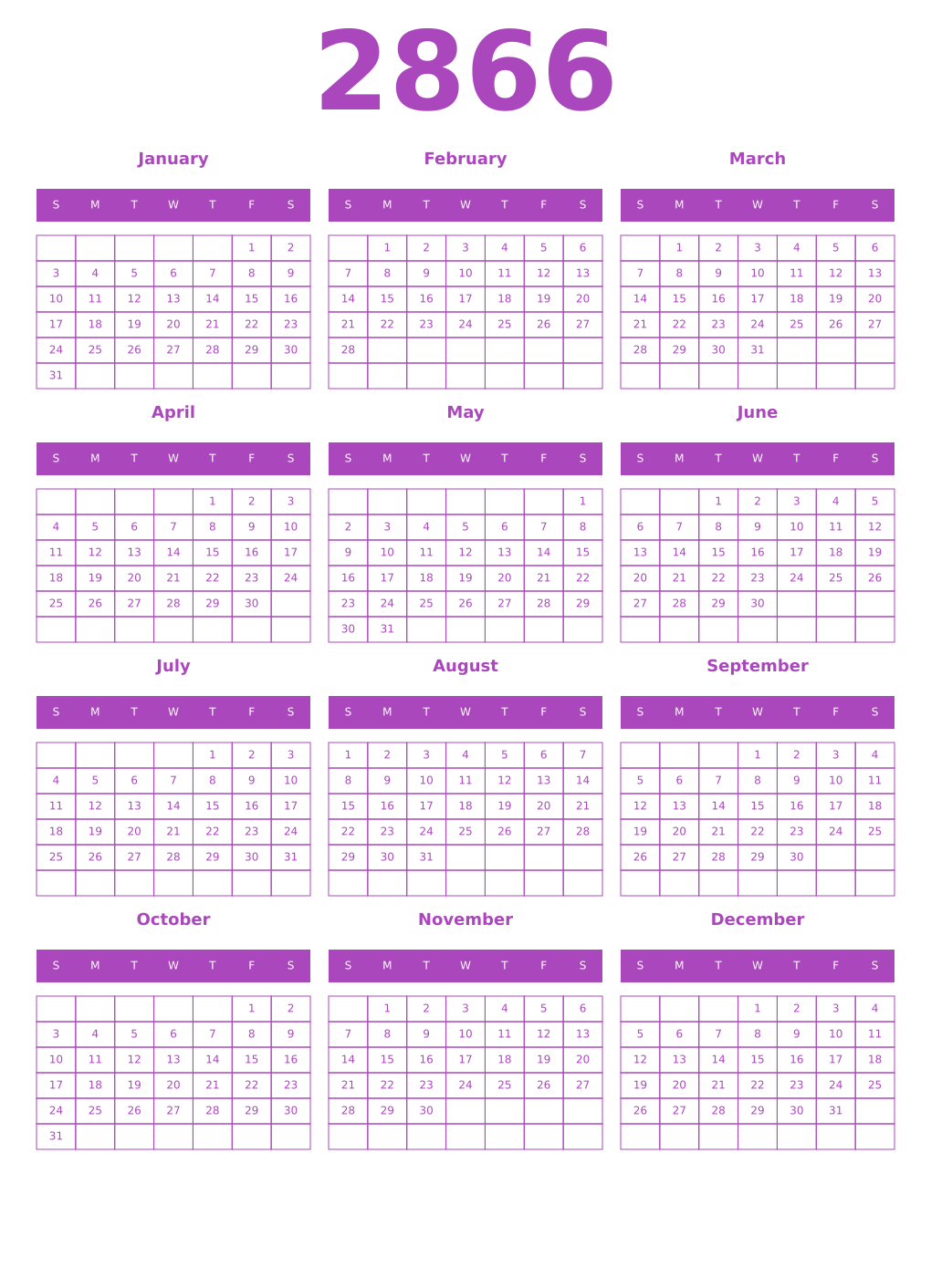 Printable 2866 Year Calendars purple