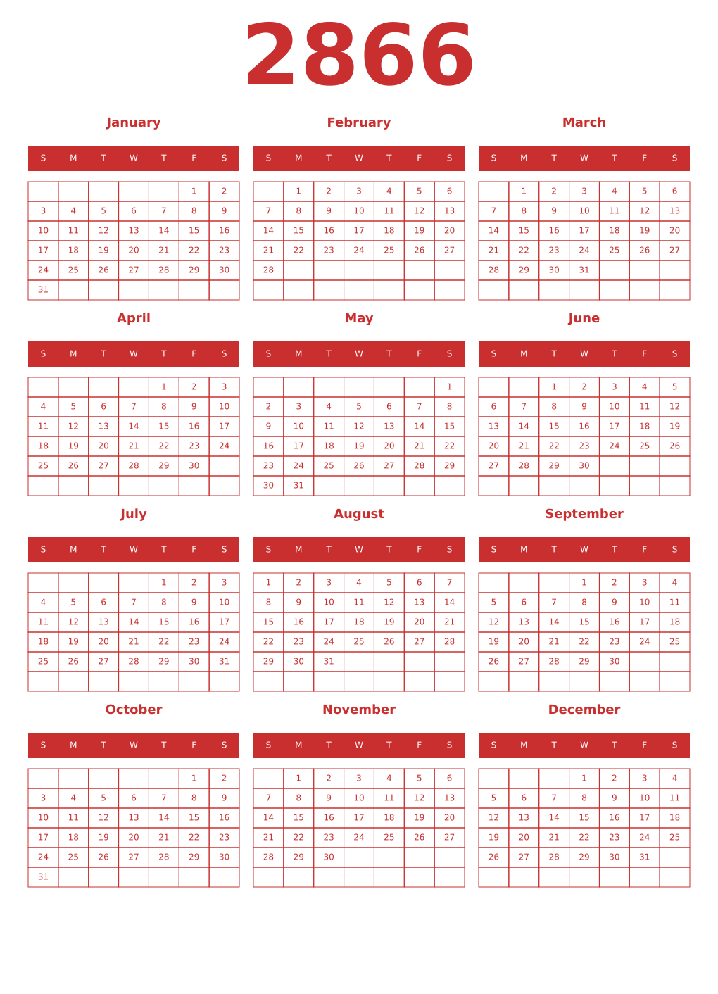 Printable 2866 Year Calendars red