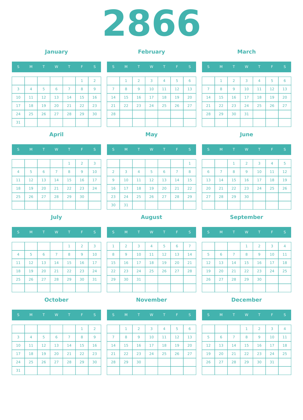 Printable 2866 Year Calendars verdigris