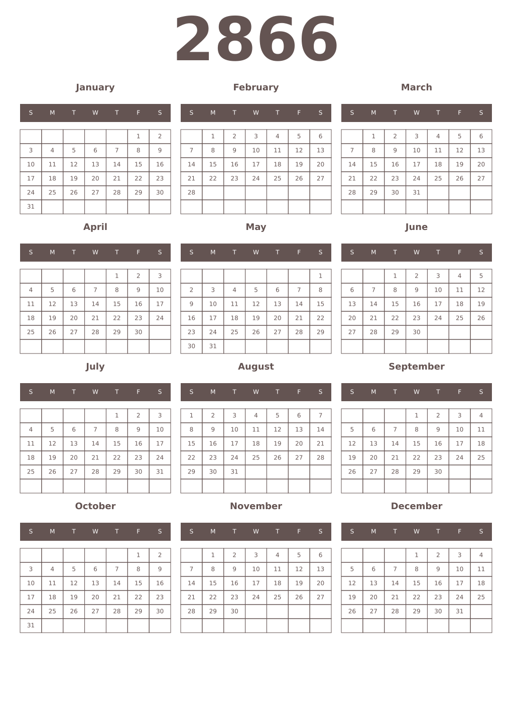Printable 2866 Year Calendars wenge