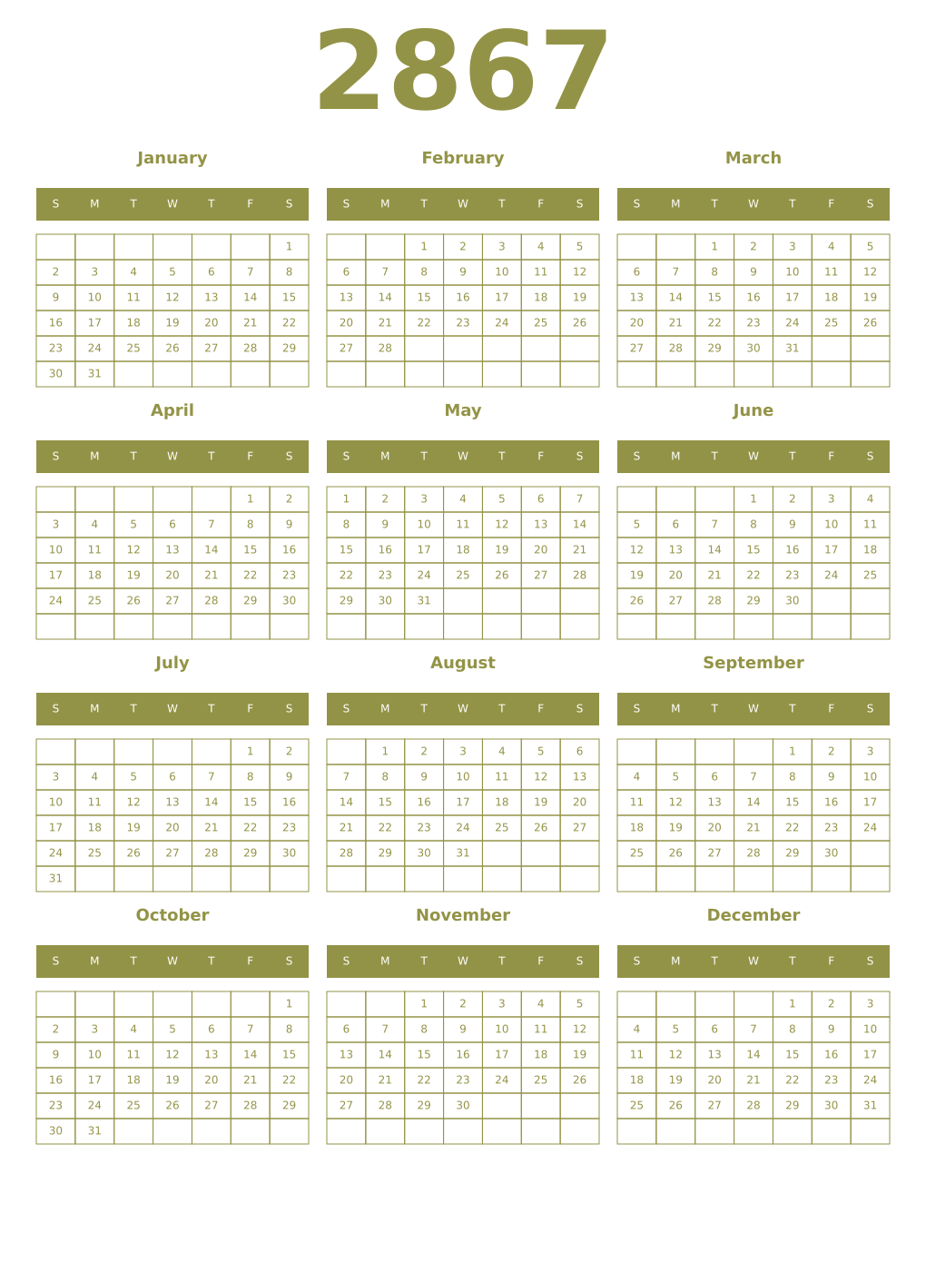 Printable 2867 Year Calendars eburnean