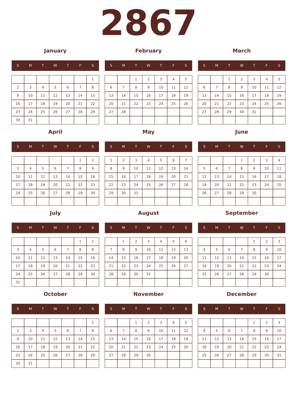 Printable 2867 Year Calendars mortuum