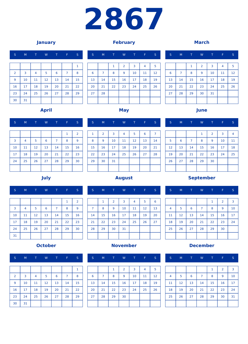 Printable 2867 Year Calendars smalt
