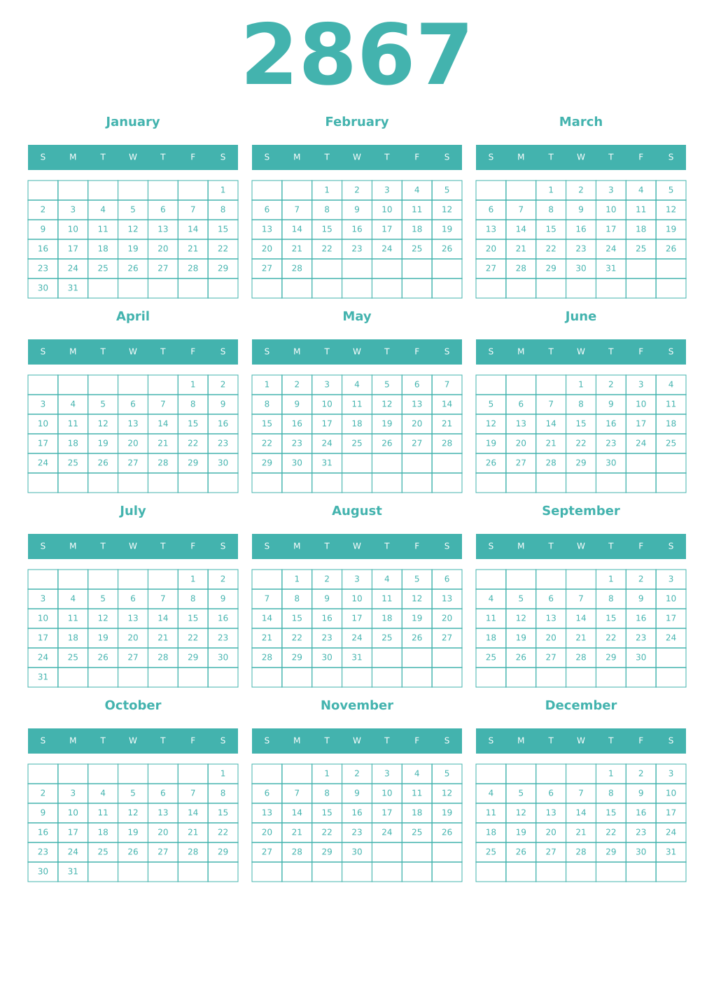 Printable 2867 Year Calendars verdigris
