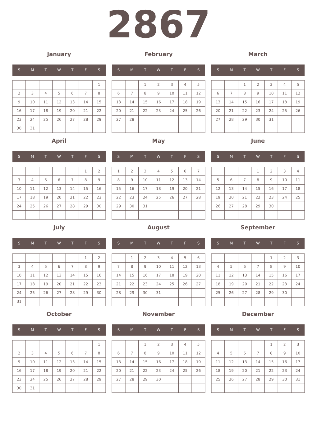 Printable 2867 Year Calendars wenge