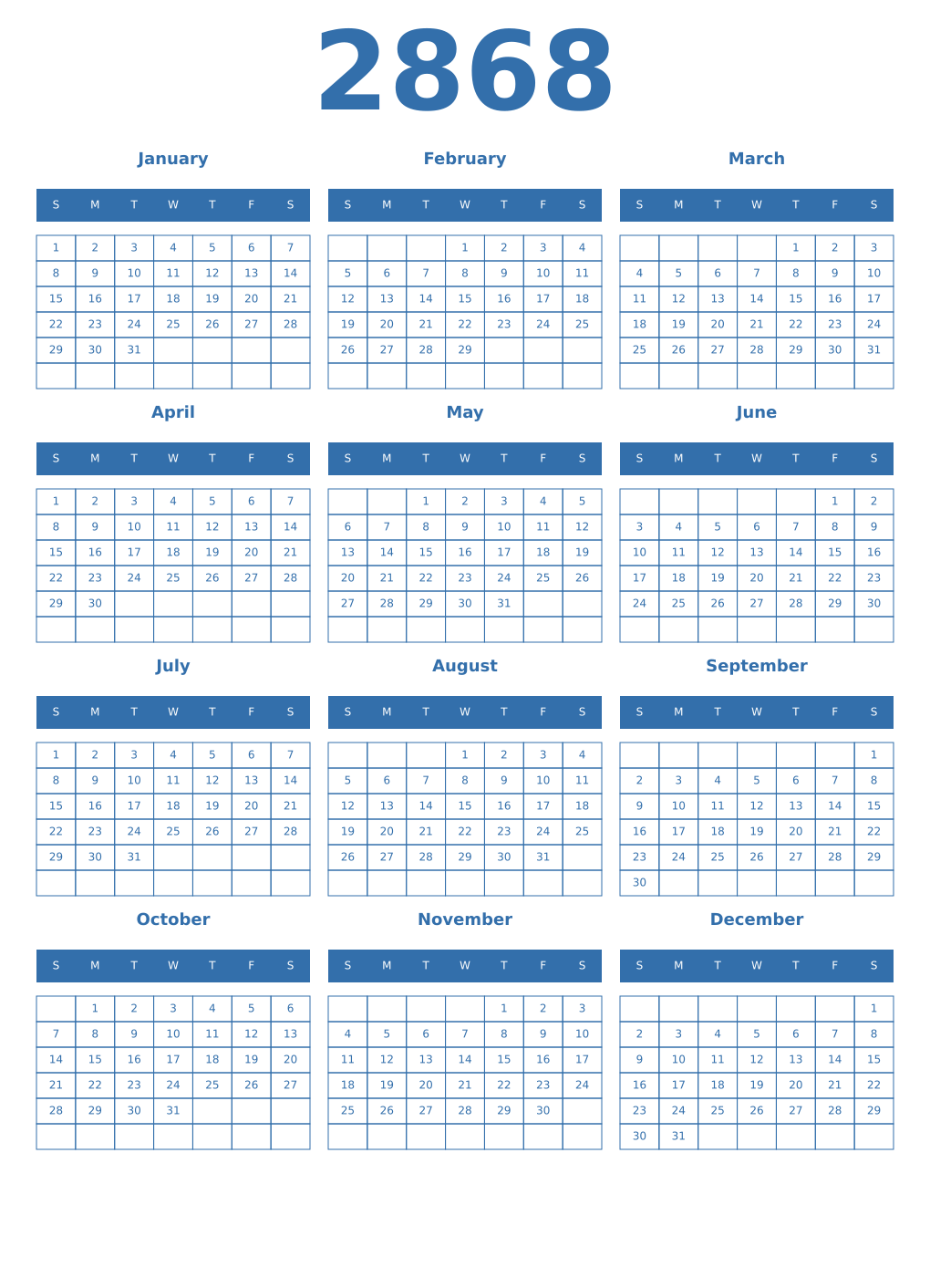 Printable 2868 Year Calendars blue
