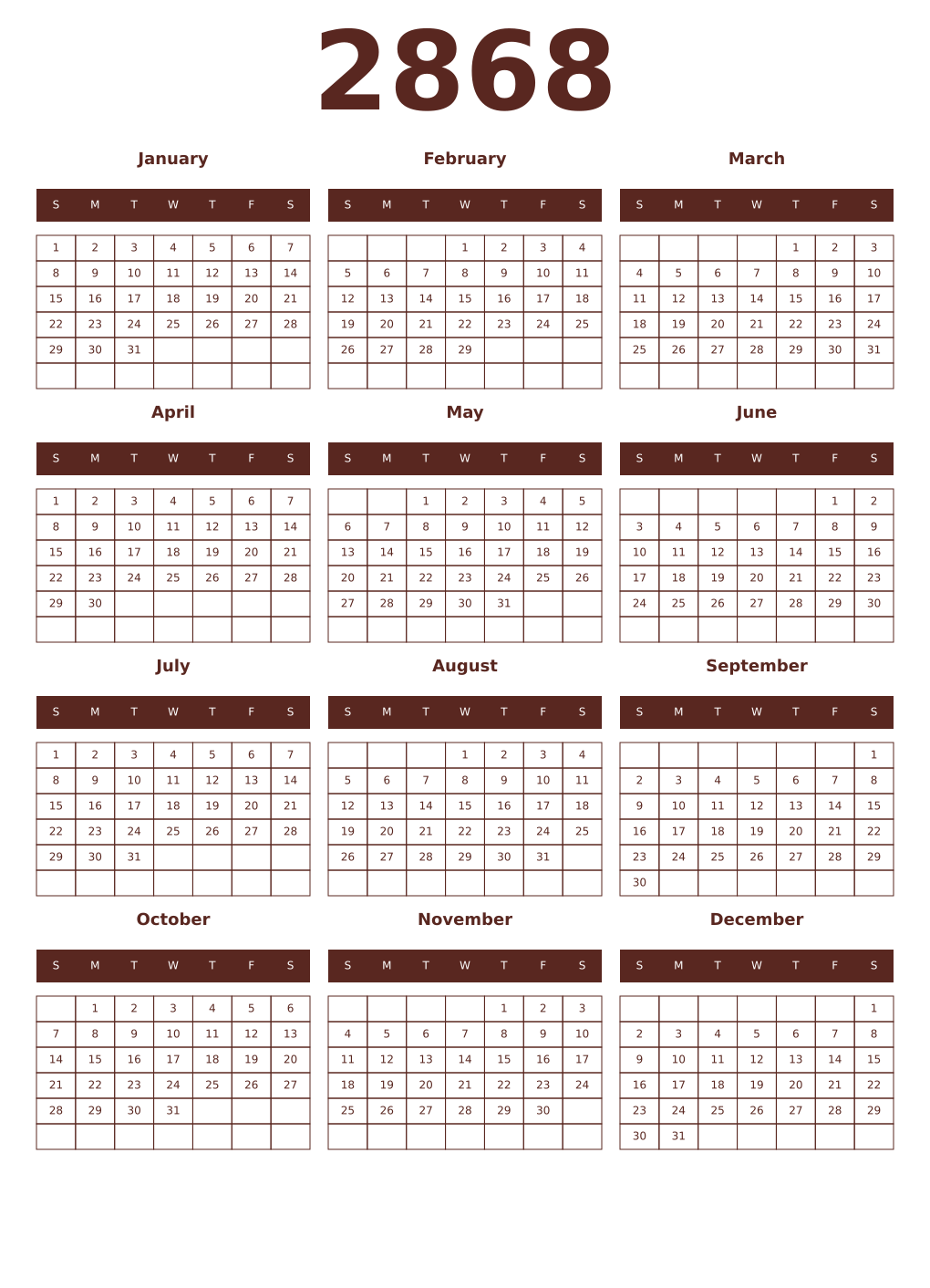 Printable 2868 Year Calendars mortuum