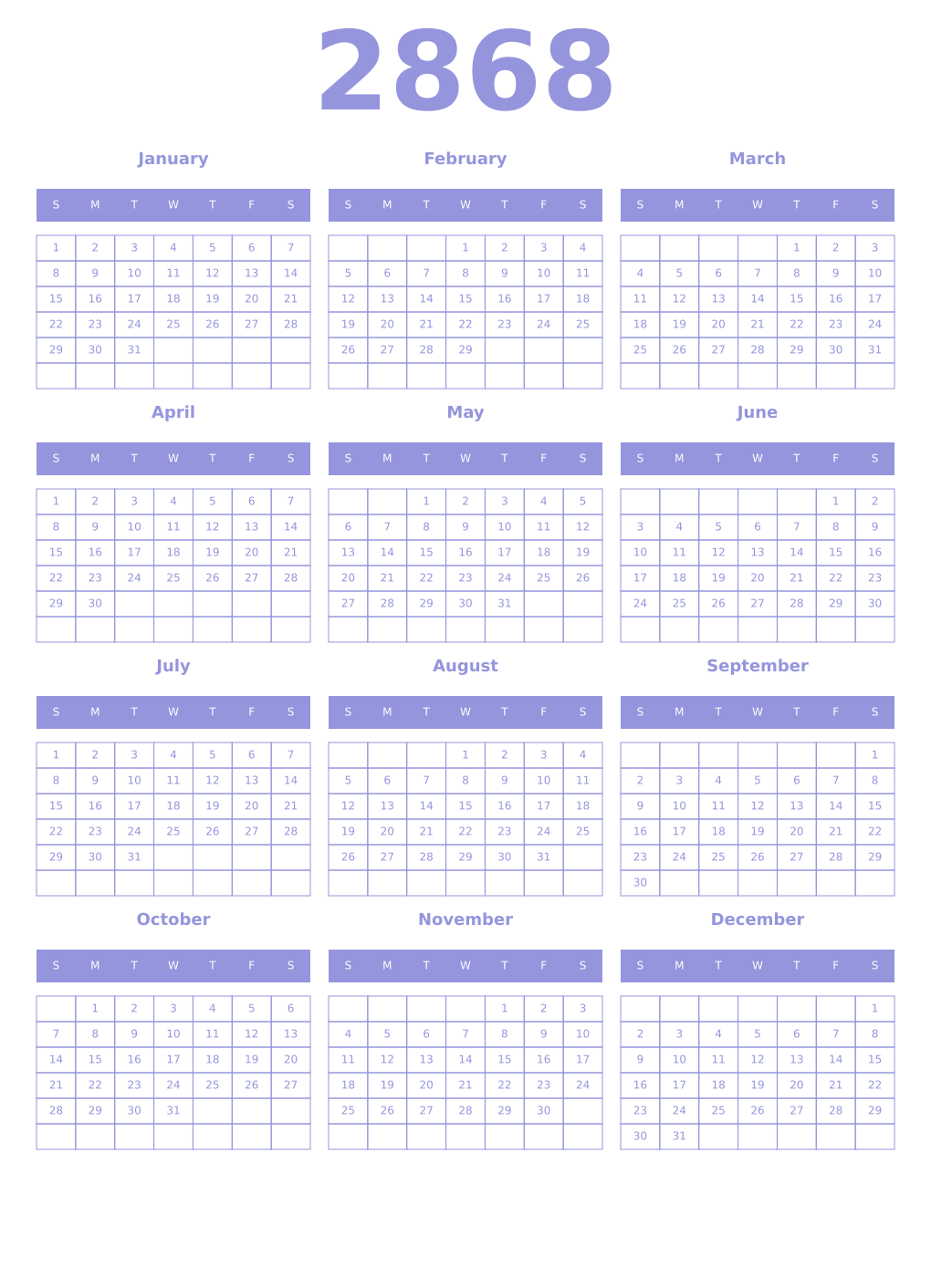 Printable 2868 Year Calendars periwinkle
