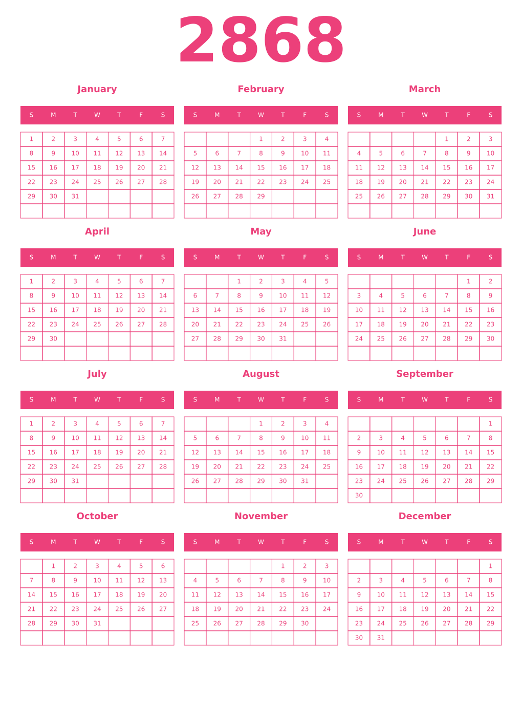 Printable 2868 Year Calendars pink