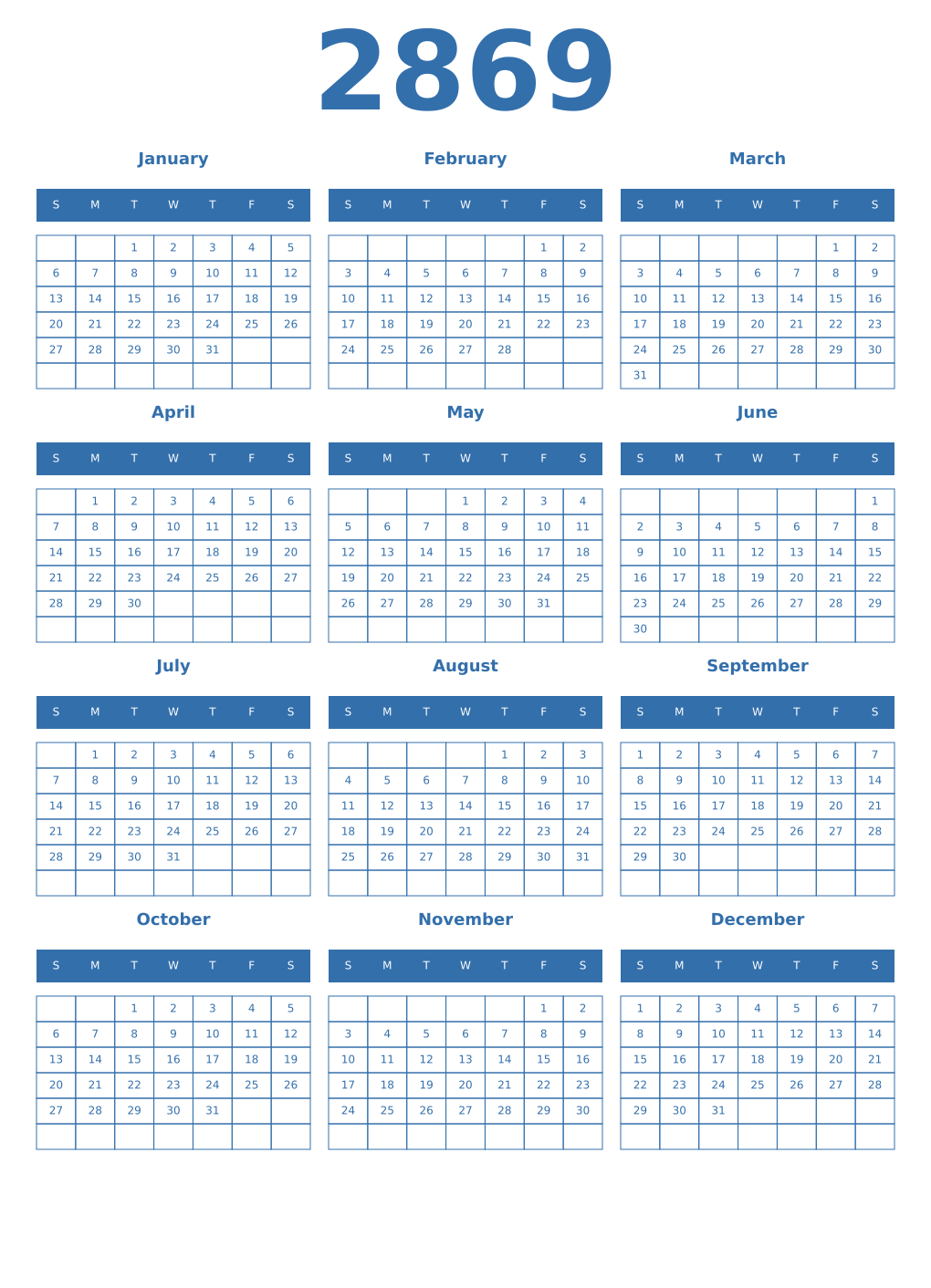 Printable 2869 Year Calendars blue