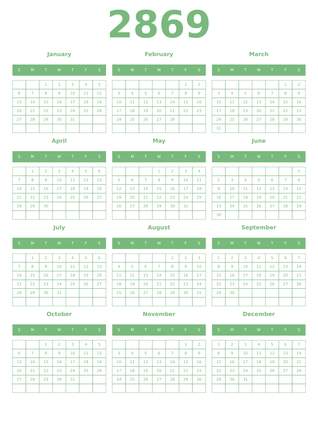 Printable 2869 Year Calendars celadon
