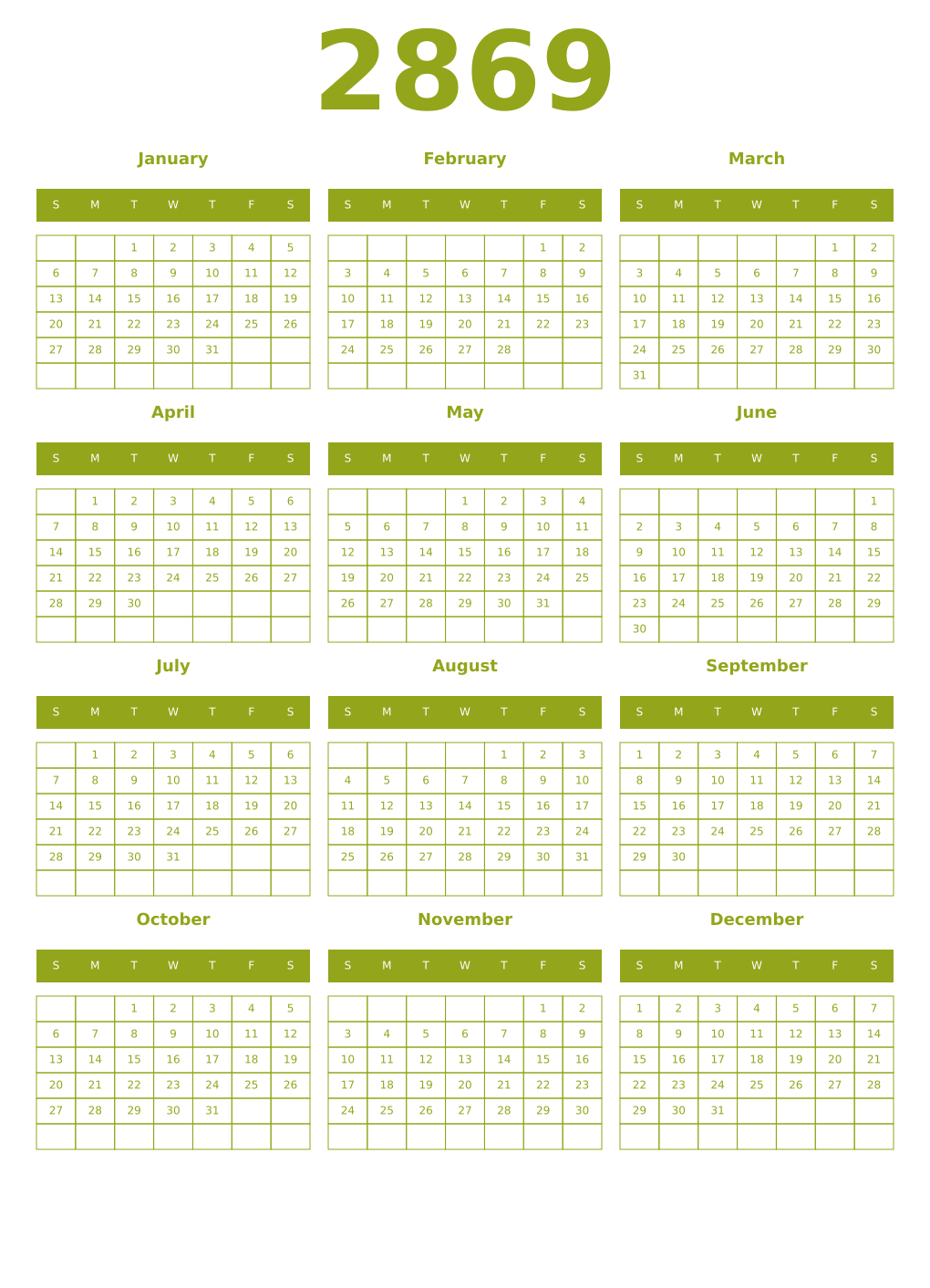 Printable 2869 Year Calendars chartreuse
