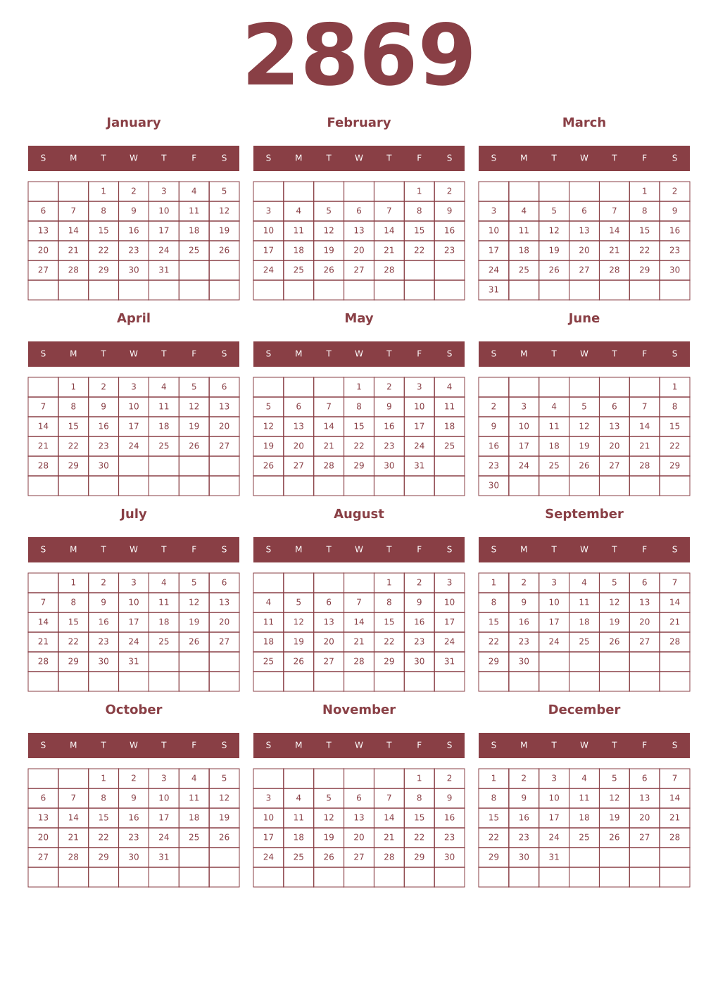 Printable 2869 Year Calendars cordovan