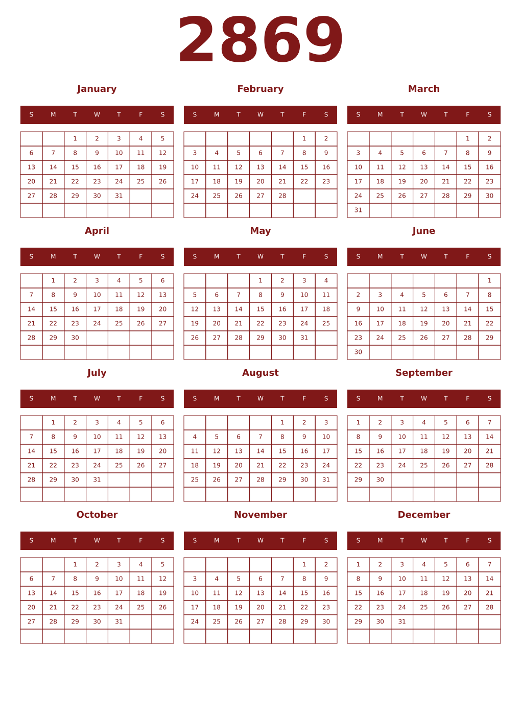Printable 2869 Year Calendars falu