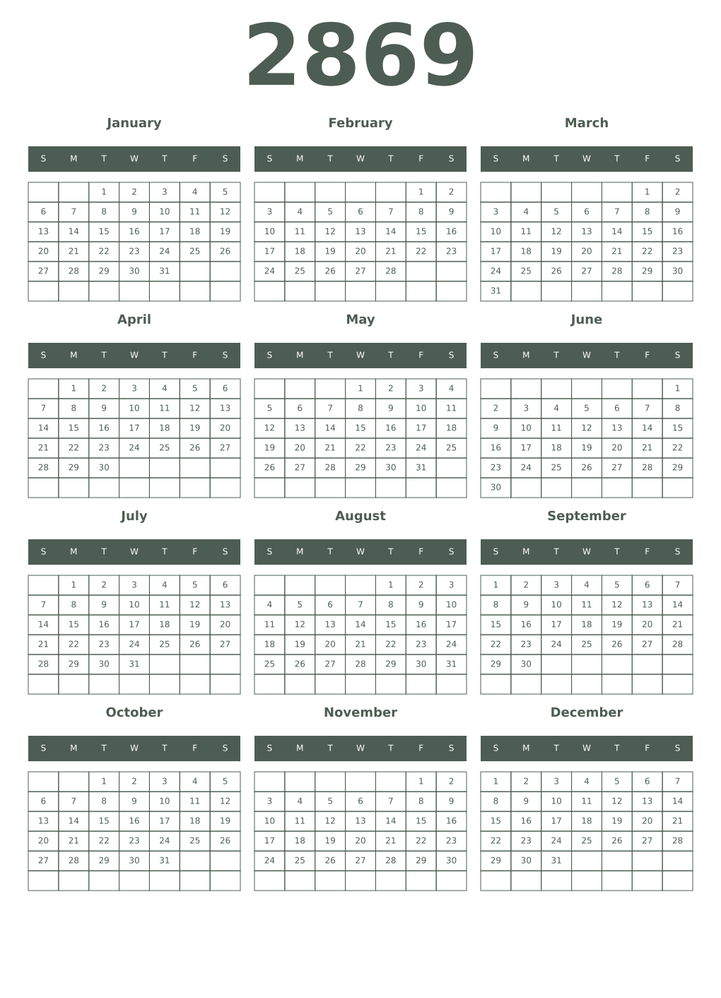 Printable 2869 Year Calendars feldgrau