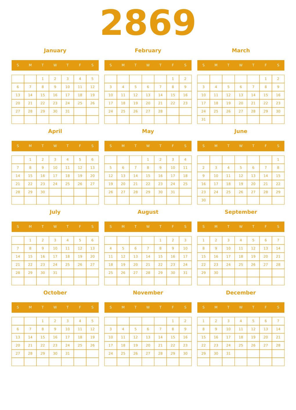 Printable 2869 Year Calendars gamboge