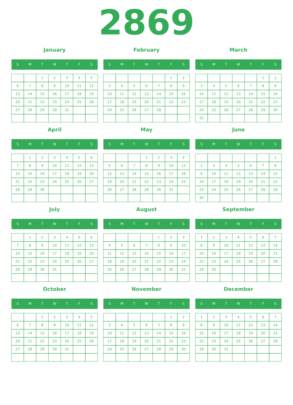 Printable 2869 Year Calendars green