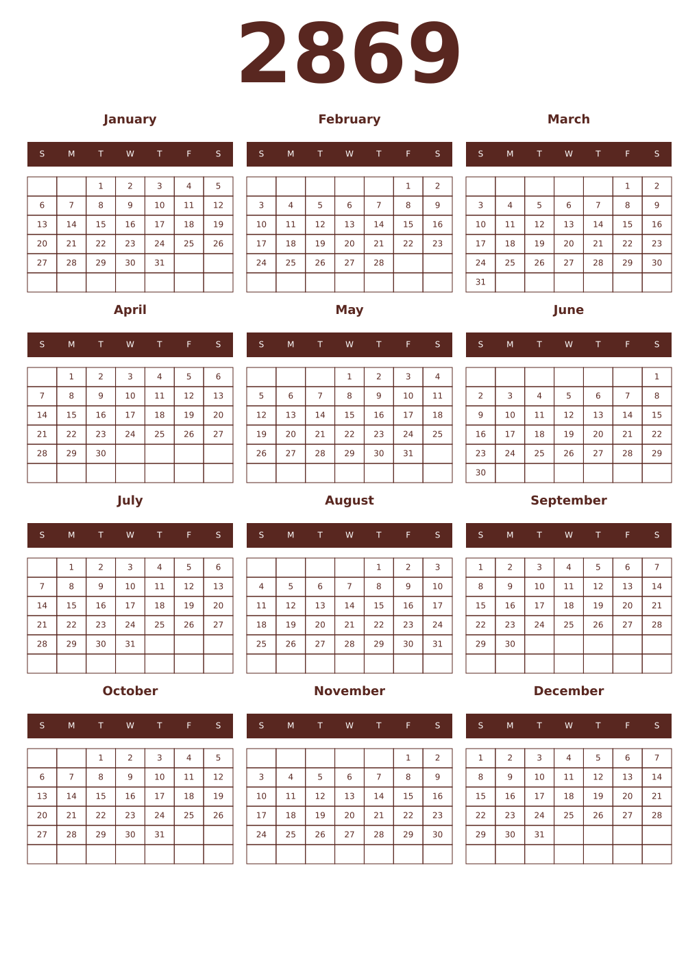 Printable 2869 Year Calendars mortuum