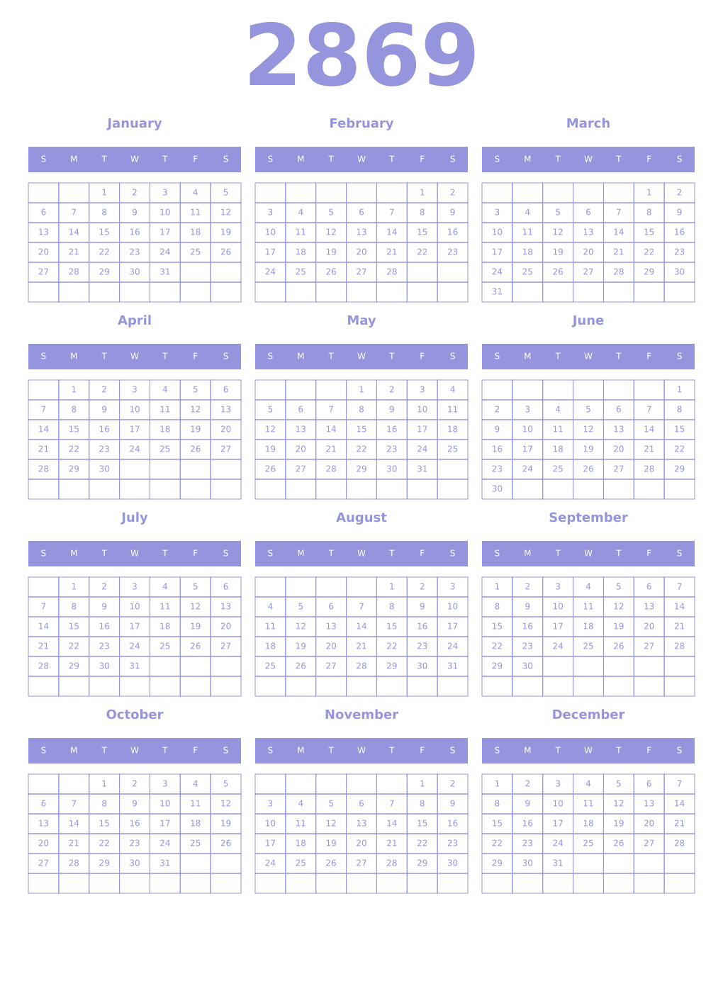 Printable 2869 Year Calendars periwinkle