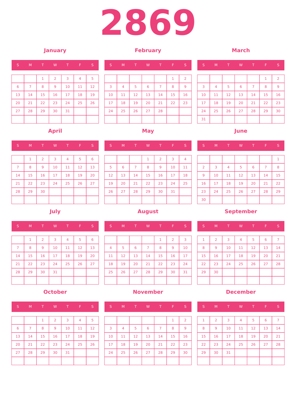 Printable 2869 Year Calendars pink