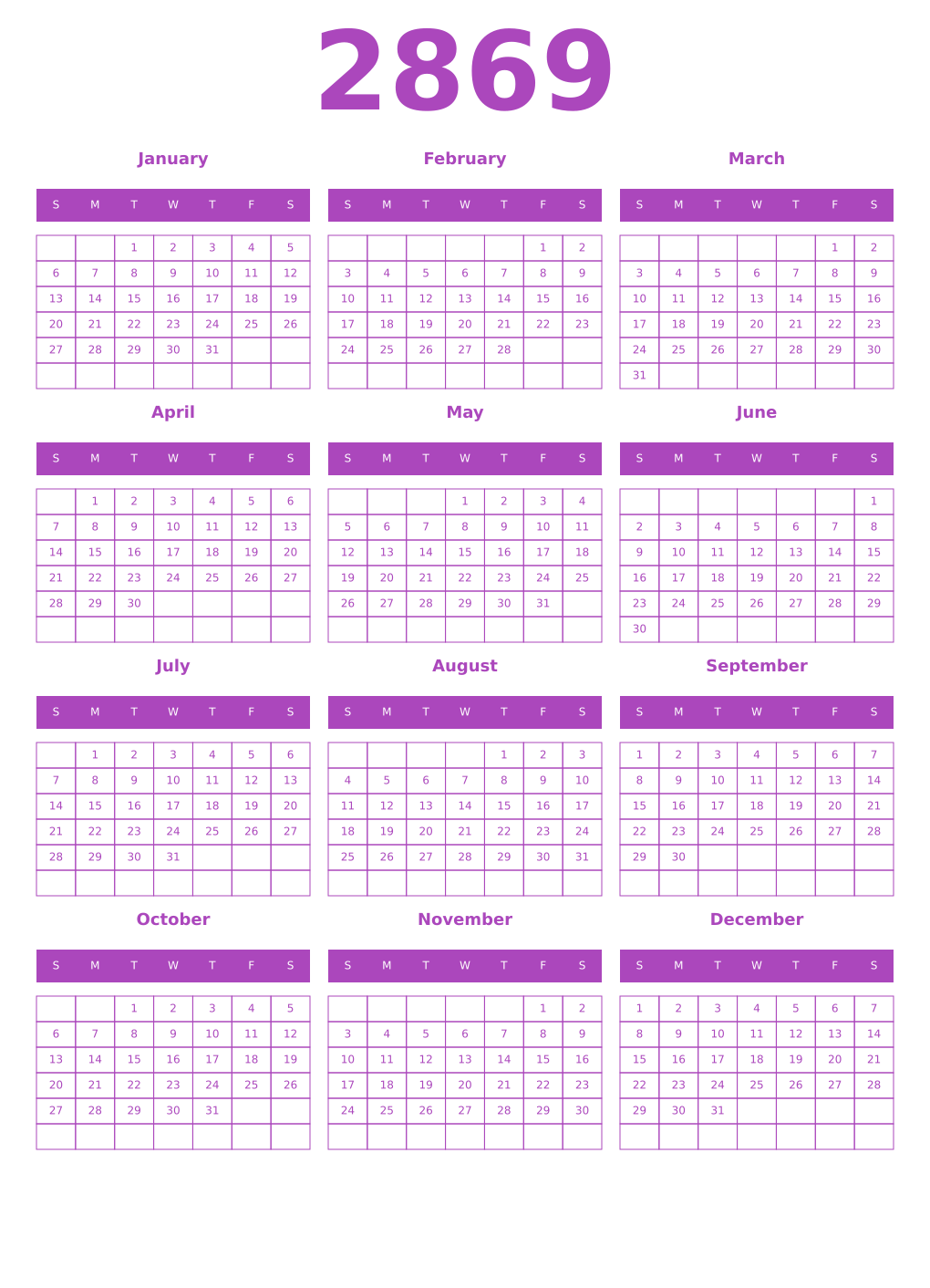 Printable 2869 Year Calendars purple