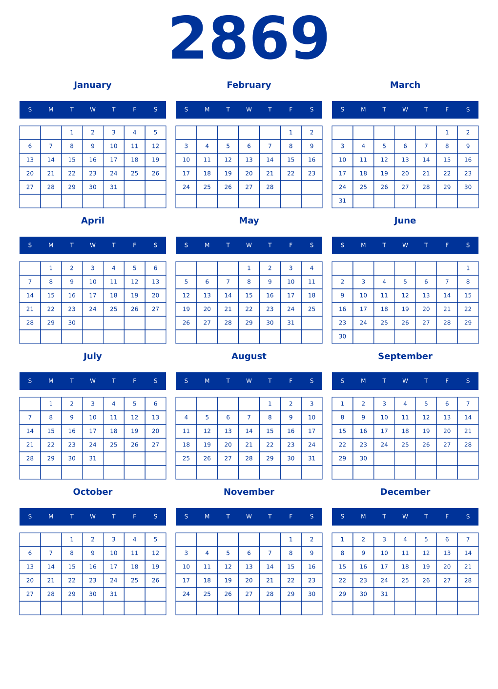 Printable 2869 Year Calendars smalt