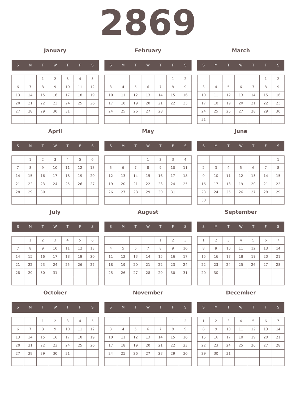 Printable 2869 Year Calendars wenge