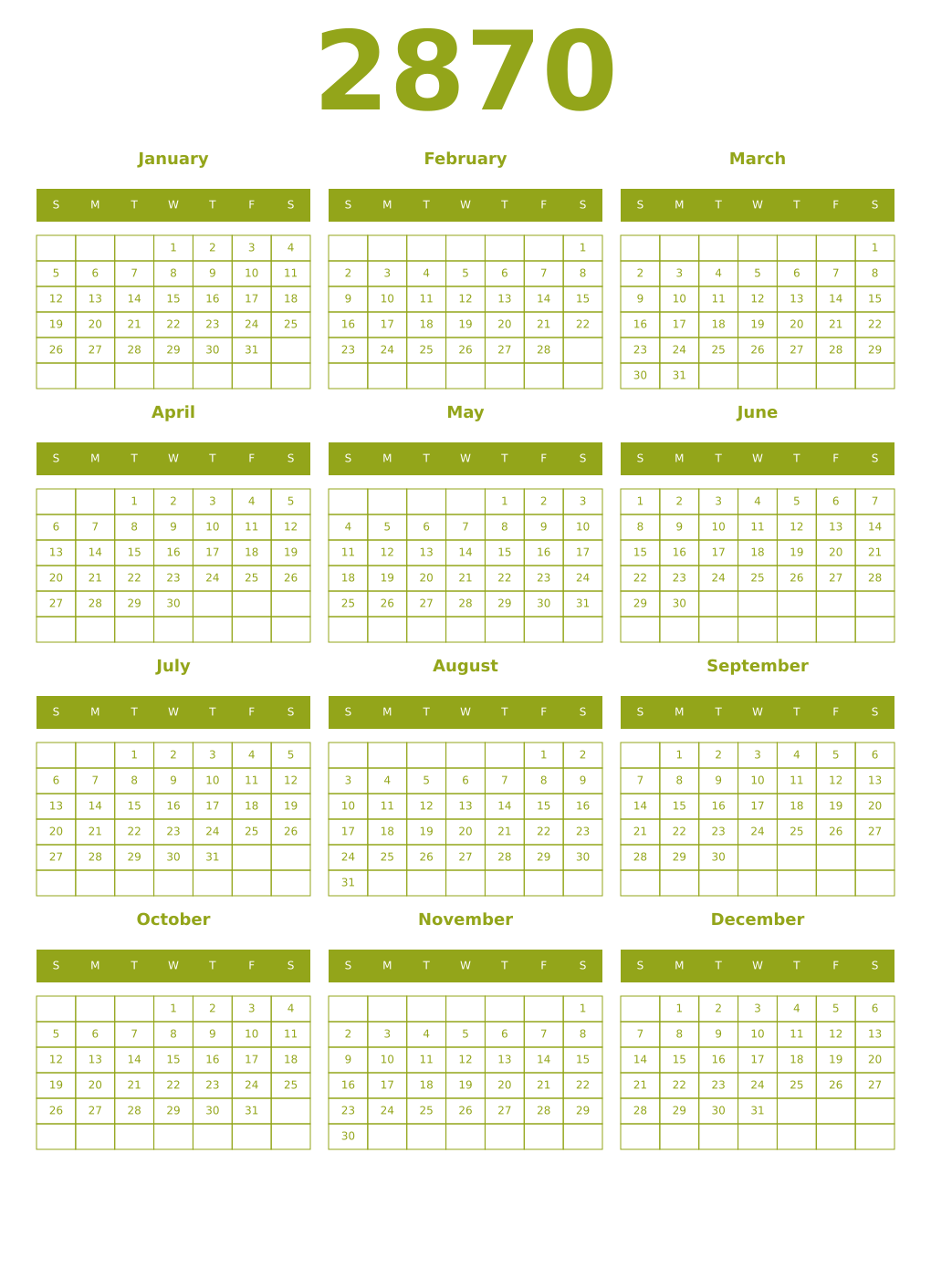Printable 2870 Year Calendars chartreuse