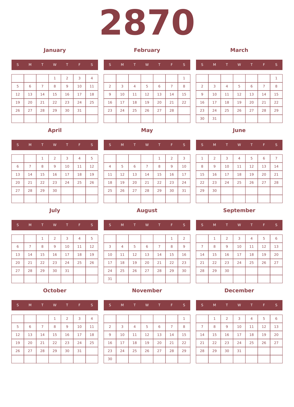 Printable 2870 Year Calendars cordovan