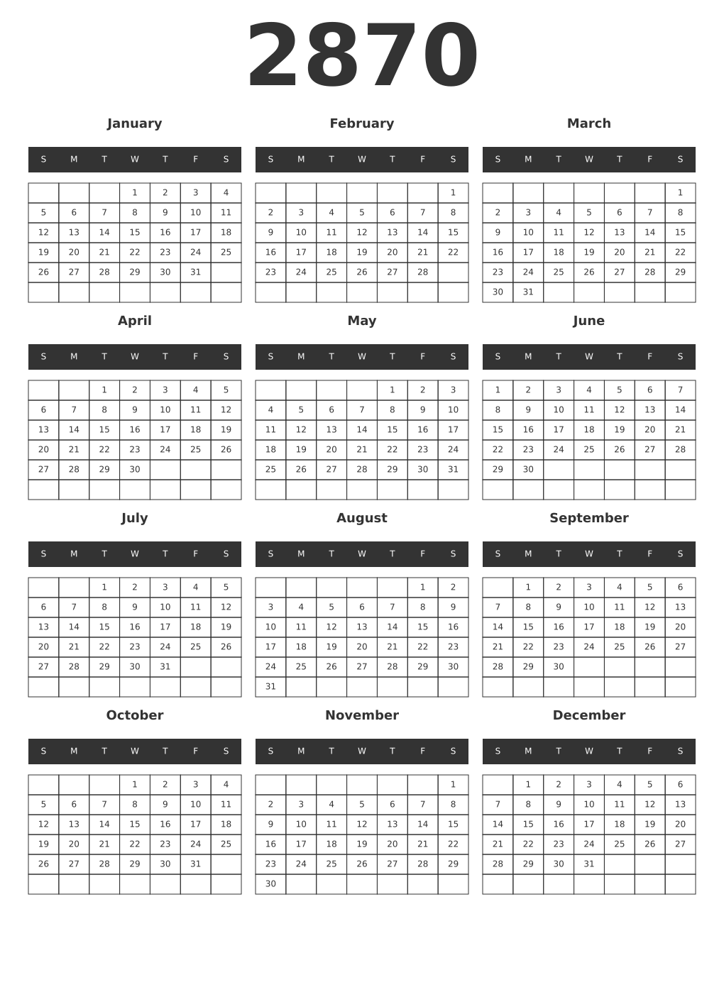 Printable 2870 Year Calendars dark