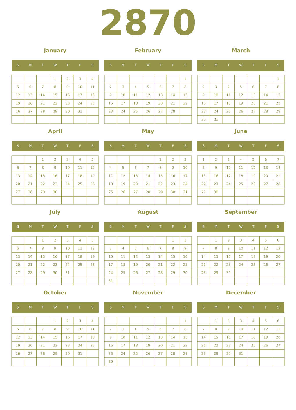 Printable 2870 Year Calendars eburnean