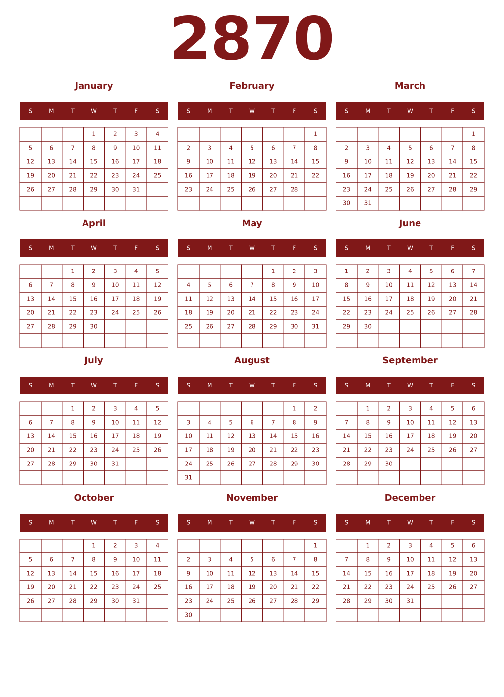 Printable 2870 Year Calendars falu