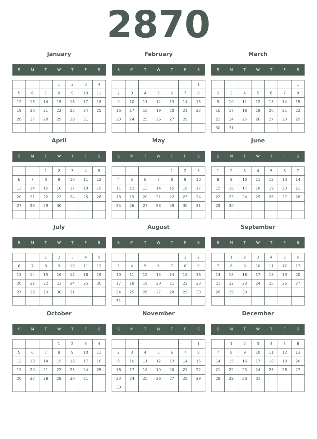 Printable 2870 Year Calendars feldgrau