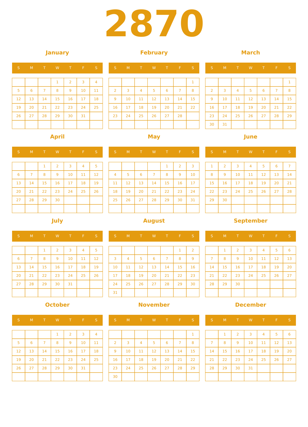 Printable 2870 Year Calendars gamboge