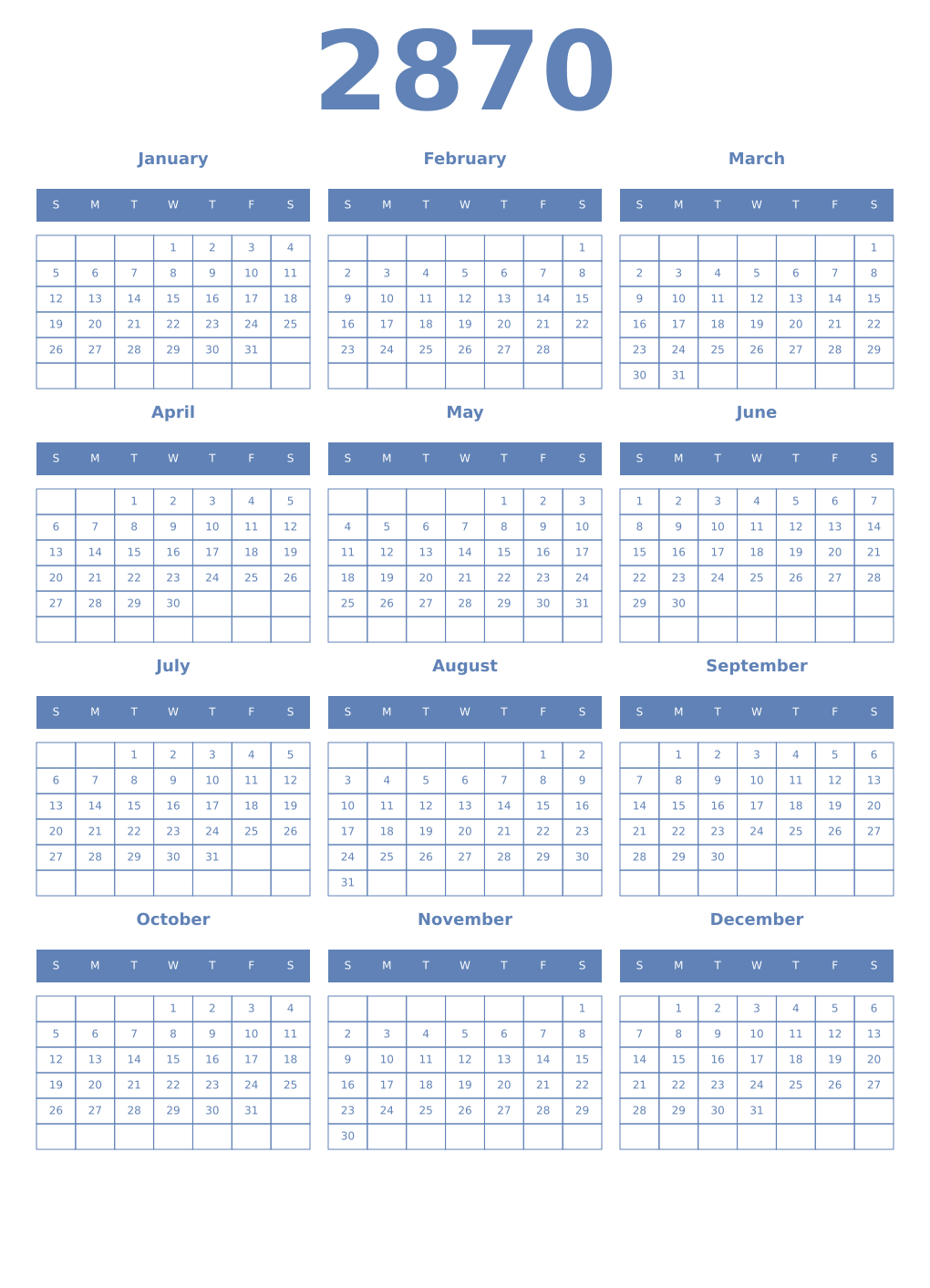 Printable 2870 Year Calendars glaucous