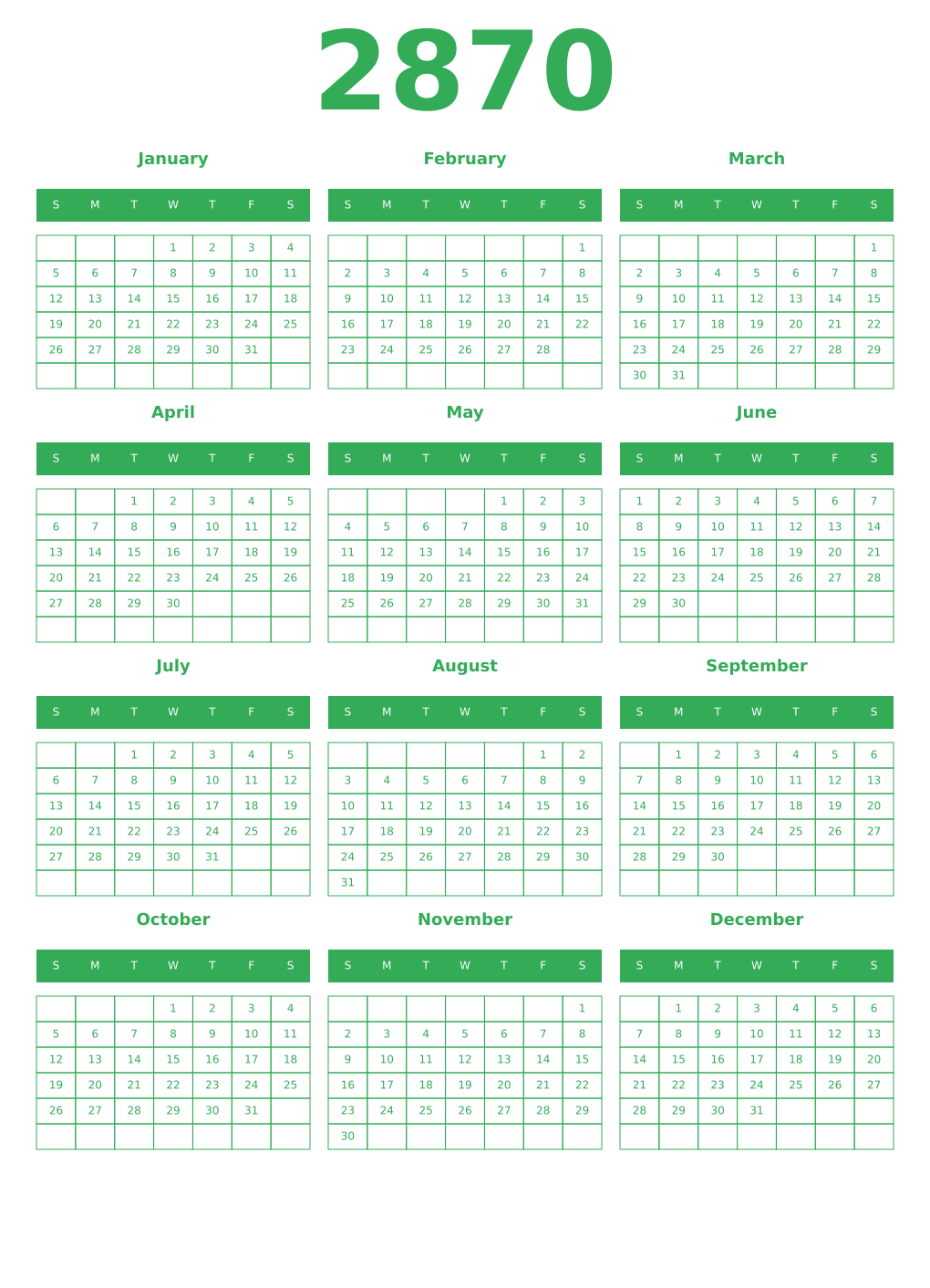 Printable 2870 Year Calendars green