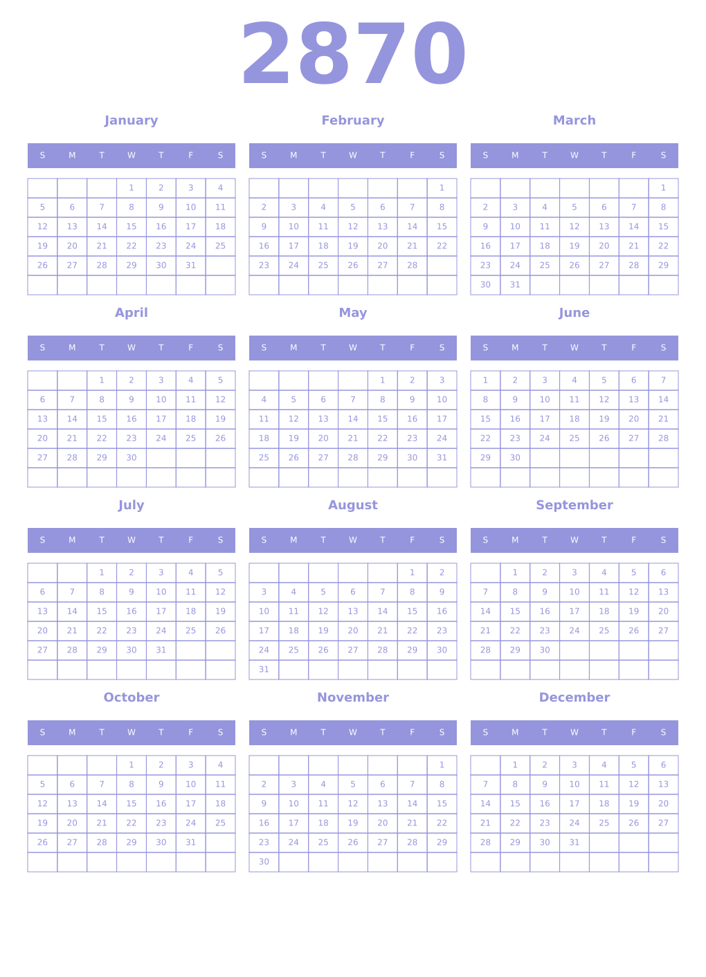Printable 2870 Year Calendars periwinkle